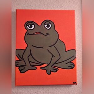 Original Hand Painted Green Frog Canvas Wall Art Pop Art Orange